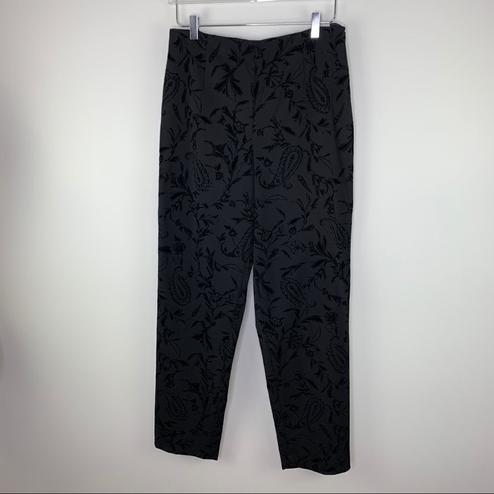 Talbots Black Paisley Velvet Relieve Stretch Flat‎ Front Dress Pants Sz 12